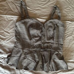 Venus Lace Up Skirted Tank Top in black and white plaid, Size 12. NWOT